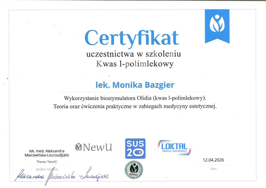 Skan certyfikatu ze szkolenia z zastosowania kwasu polimlekowego Olidia