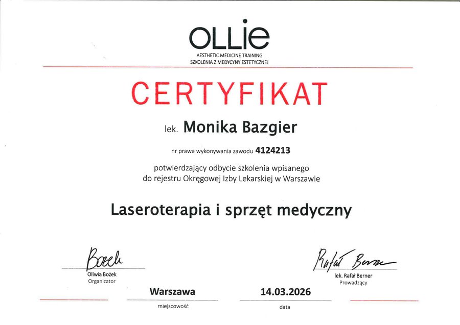 Skan certyfikatu ze szkolenia z laseroterapii i sprzętu medycznego