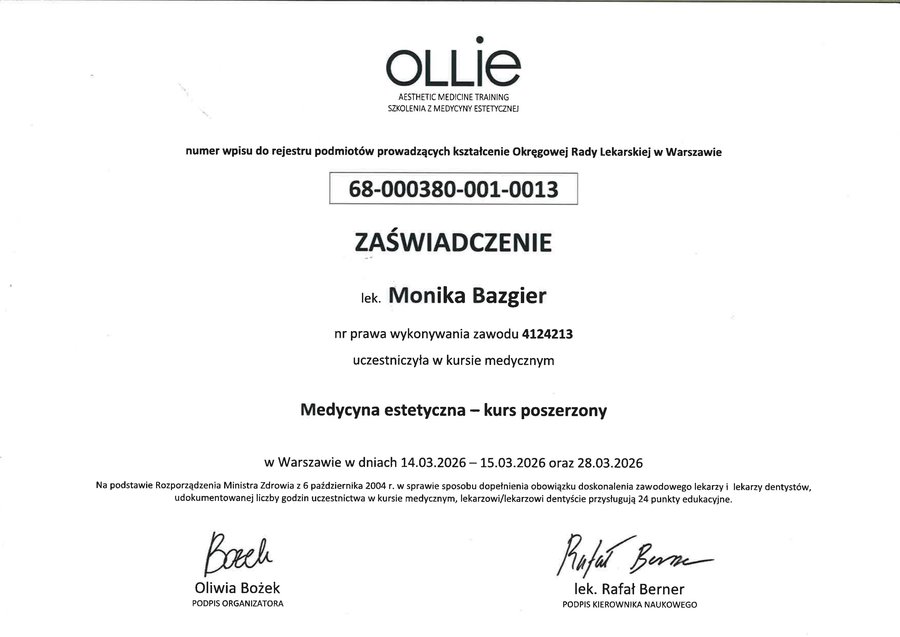 Skan zaświadczenia z poszerzonego kursu medycyny estetycznej