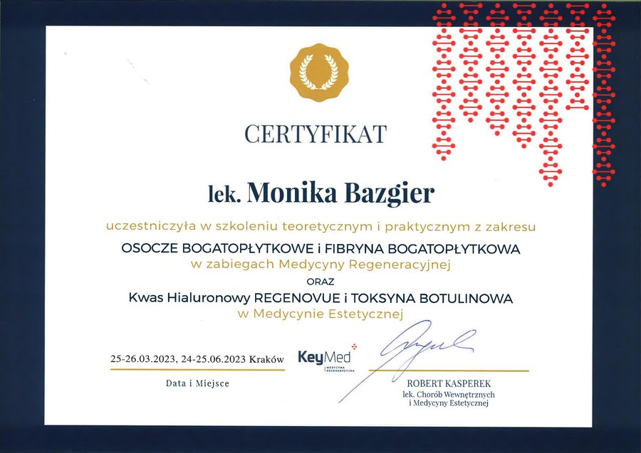 Skan certyfikatu KeyMed z medycyny regeneracyjnej i estetycznej