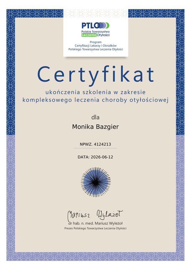 Skan certyfikatu PTLO z leczenia choroby otyłościowej