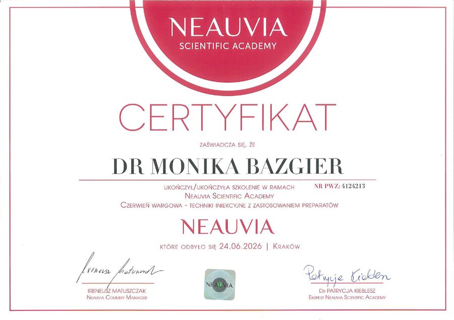 Skan certyfikatu szkolenia z zabiegów na usta Neauvia