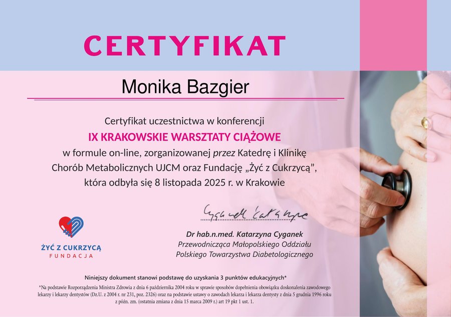 Skan certyfikatu uczestnictwa w IX Krakowskich Warsztatach Ciążowych
