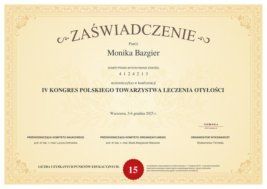 Skan zaświadczenia z IV Kongresu Polskiego Towarzystwa Leczenia Otyłości