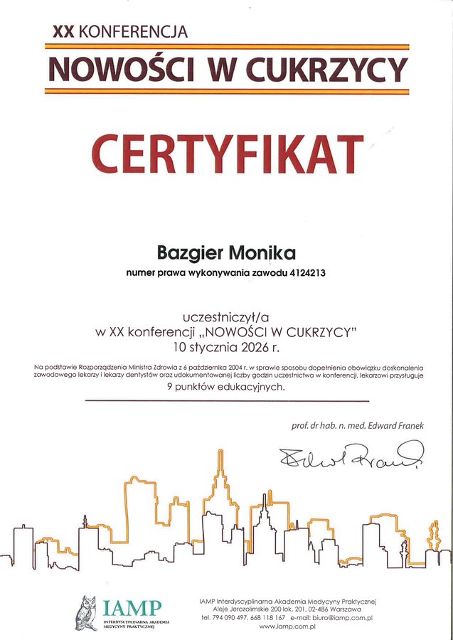 Skan certyfikatu uczestnictwa w konferencji Nowości w cukrzycy