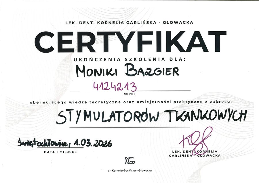 Skan certyfikatu ze szkolenia ze stymulatorów tkankowych