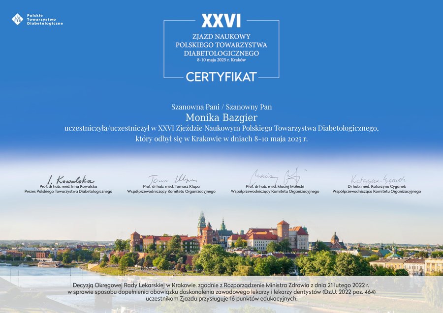 Skan certyfikatu uczestnictwa w zjeździe PTD 2025