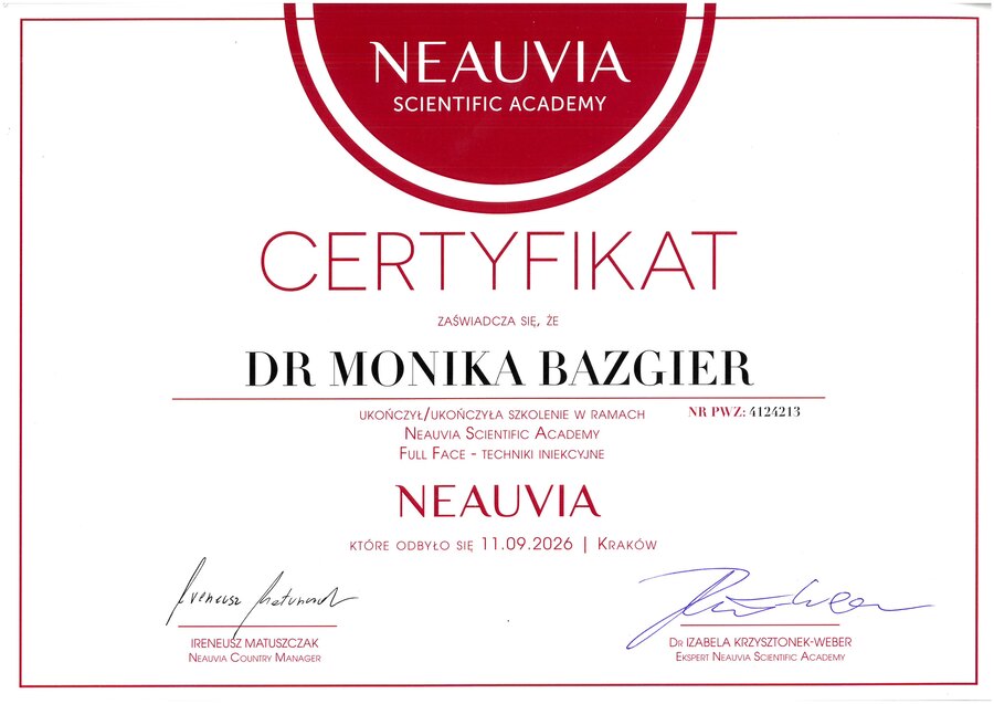 Skan certyfikatu Neauvia Scientific Academy - Full Face, techniki iniekcyjne