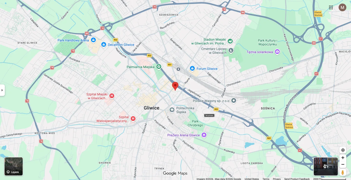 Mapa okolicy ulicy Dworcowej 60 w Gliwicach