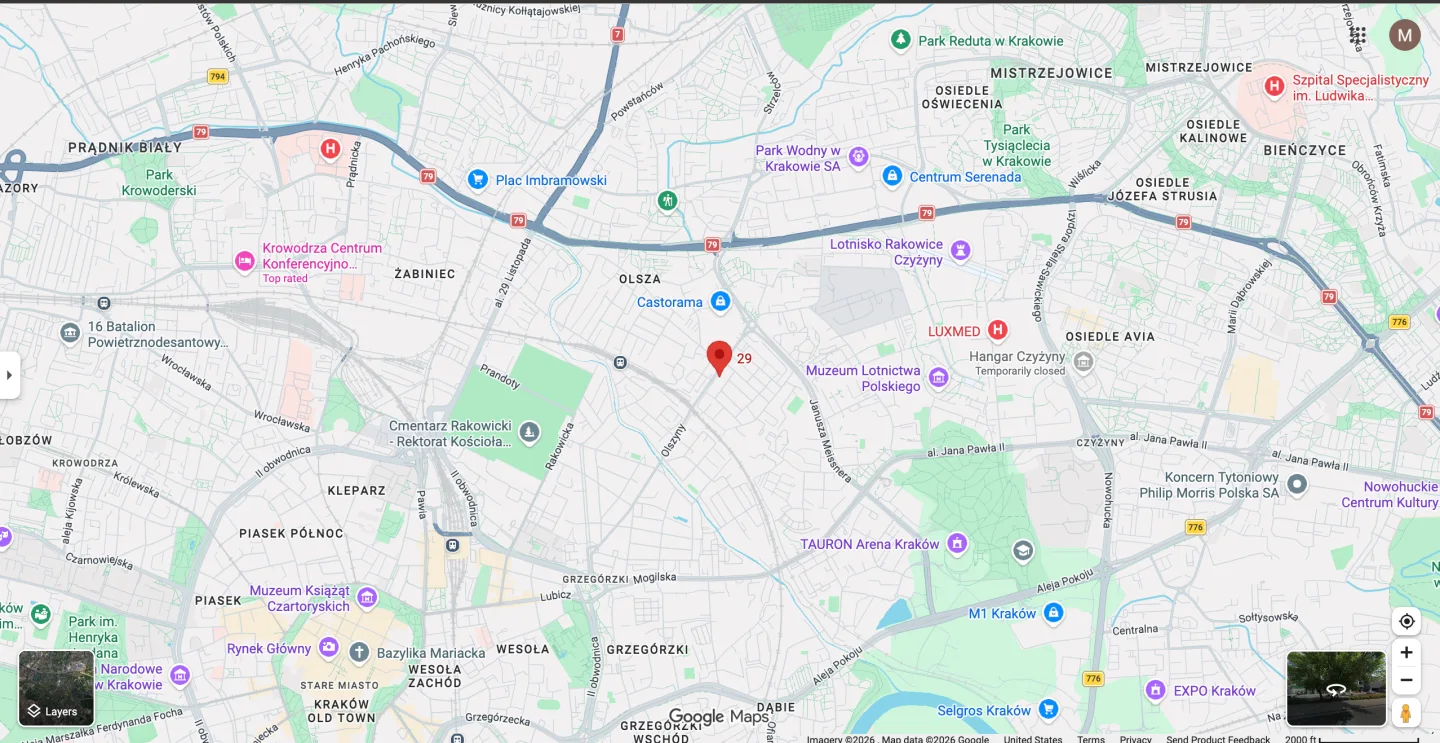 Mapa okolicy ulicy Pilotów 29 w Krakowie