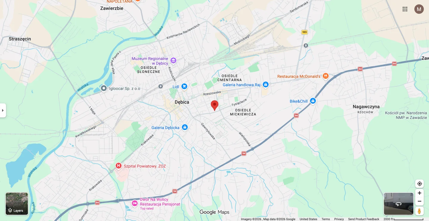 Mapa okolicy ulicy Poddęby 13 w Dębicy